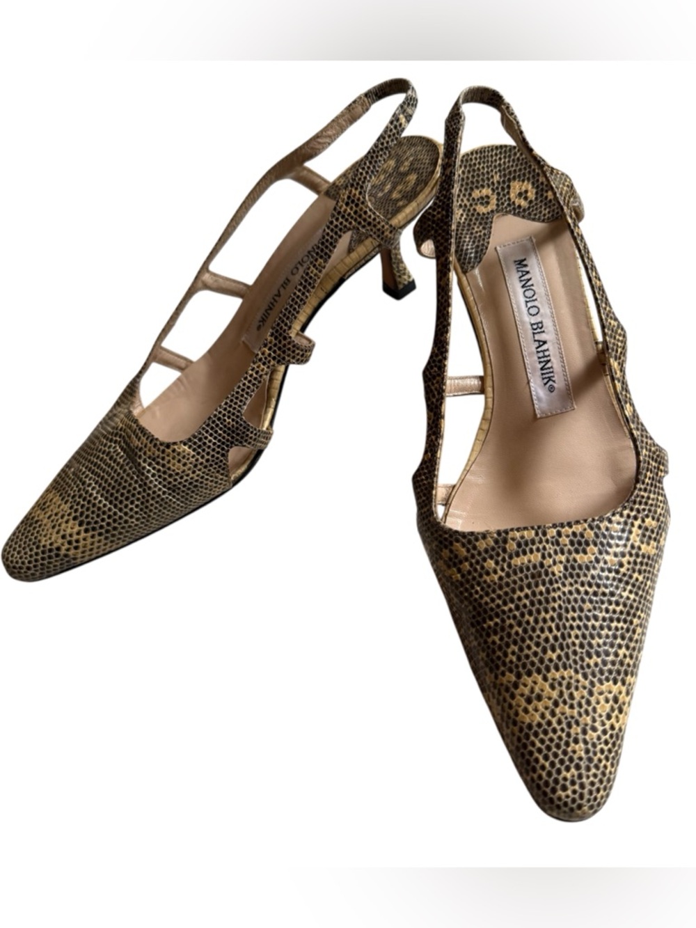 Vintage Manolo Blahnik Tan and Black Snakeskin Slingback Pumps Sz 37